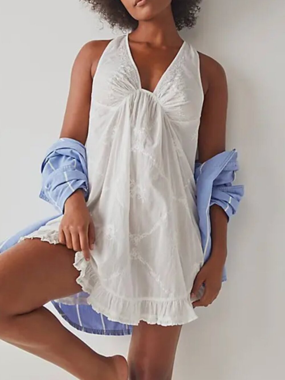 Free People White Gauzy Embroidered mini intimates sleep dress nightie slip M